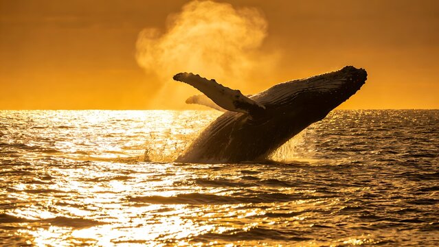dovekie. A whale breaching the ocean surface at sunset with a plume of mist. inspiring travel planning, wildlife magazines, designed for wildlife conservation campaigns, used by project managers.