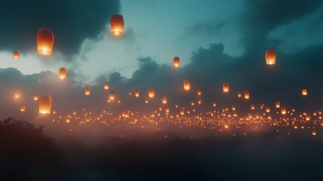 Floating lanterns illuminate night sky with warm glow and mystical ambiance