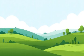 A serene landscape of rolling green hills under a clear blue sky with fluffy clouds