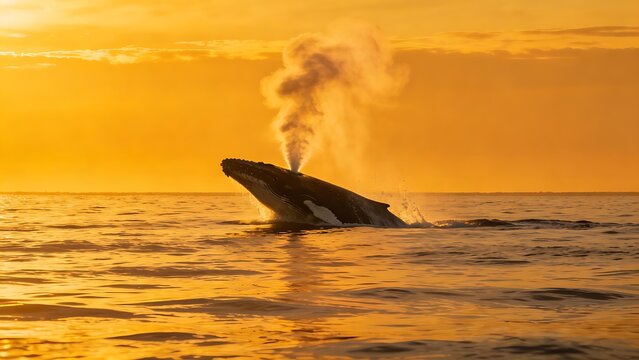 dovekie. A whale breaching the ocean surface at sunset with a plume of mist. inspiring travel planning, wildlife magazines, designed for wildlife conservation campaigns, used by project managers.