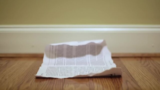 Crumpled newspaper lying on wooden floor against wall  