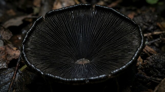 Intricate dark mushroom gills reveal natural beauty in forest floor detail