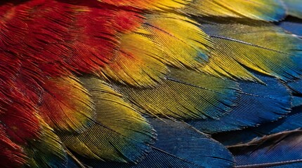 Obraz premium Vibrant macaw feathers close up, colorful parrot plumage texture, exotic bird wing detail with red yellow and blue gradient, natural wildlife pattern