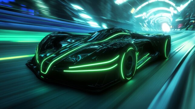 Futuristic neon electric race car on speeding track with glowing lights