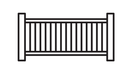 Fence railing icon with horizontal beams and vertical slats in bold black outline, simple linear pictogram for garden boundary, barrier, and outdoor property sign design