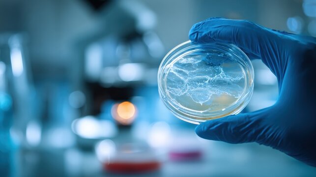 Industrial petri dish in gloved hand bioprocess engineer reviews culture morphology against industrial lab backdrop reactors and control panels conveying confident scale up and process mastery