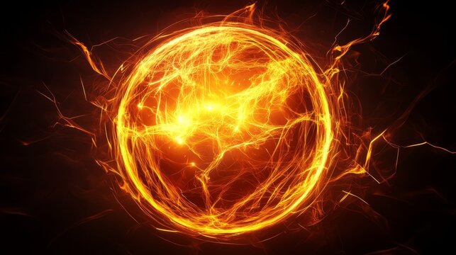 Glowing energy sphere with fiery electric currents and dark background