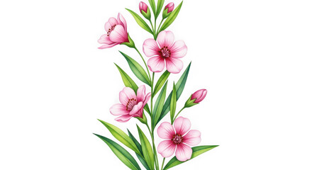 Obraz premium Delicate pink flowers with green leaves and stems, isolated on transparent background