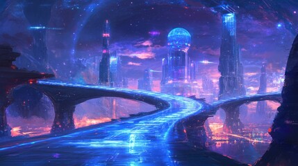 Futuristic neon cityscape with glowing bridges and towers at dusk