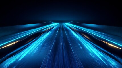 Futuristic highway with neon blue light trails at night