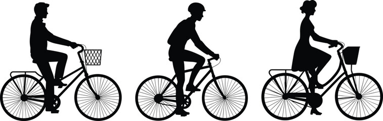 Obraz premium Silhouette collection of cyclists riding bicycles in diverse postures and styles, featuring baskets, helmets, and casual attire showcasing transport, recreation, lifestyle, and fitness concepts.