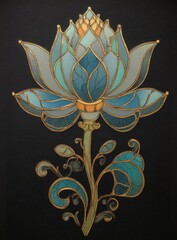 An intricately designed lotus flower with vibrant blue and gold colors