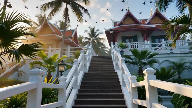 Lush tropical scene featuring ornate structures framed by palm trees and a pathway leading to an elevated entrance