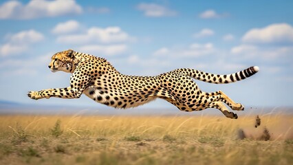 Obraz premium Majestic cheetah captured mid-air during an incredible high-speed sprint across the sunlit African savanna landscape