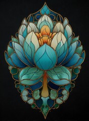 Intricate lotus flower stained glass artwork with golden accents and a central figure