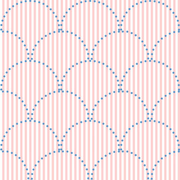 seamless geometric pattern consisting of light pink and white vertical lines, with dark blue dotted curved lines forming scallop pattern.