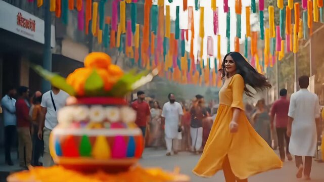 Colorful gudi padwa street celebration with decorated kalash marigold flowers festive crowd atmosphere traditional indian new year cultural event