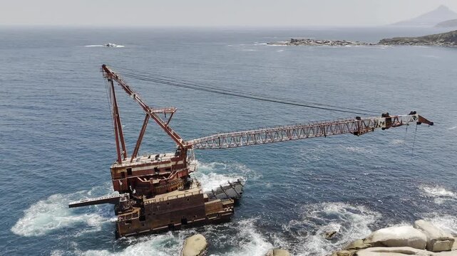 Drone does 360 around Bos 400 Shipwreck near Hout Bay on a sunny morning in Cape Town, South Africa