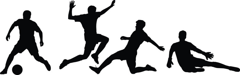 Silhouettes of four soccer players in varied poses with ball, minimalist artistic composition symbolizing athletic motion, control, celebration, tackling, and defensive sliding action. © MD MIJANUR