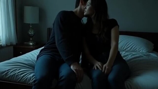 Young couple sharing a kiss while sitting on bed in dim light  