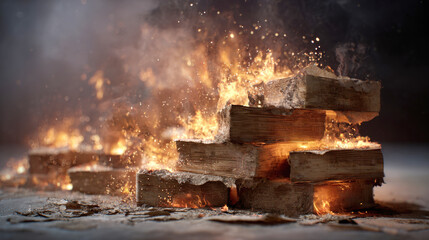 Dramatic stack of old vintage books burning in bright orange flames with sparks and smoke in a dark atmospheric environment representing censorship loss of knowledge or historical destruction