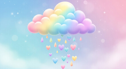 Rainbow Cloud Raining Hearts on Pastel Sky Background