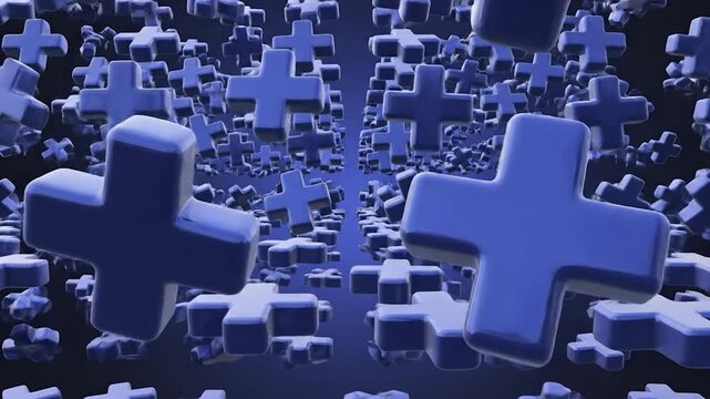 Numerous blue three-dimensional plus symbols floating in a dark digital space