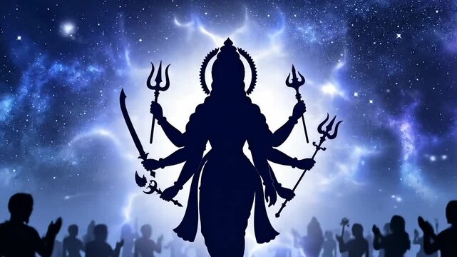 Divine goddess durga silhouette emerging in cosmic sky with devotees worship atmosphere for navratri durga puja chaitra navratri spiritual celebration