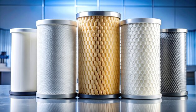 A professional collection of FlyPro Firefly filtration membranes precisely stacked, showcasing their varying pore sizes and advanced material textures, ready for industrial applications.