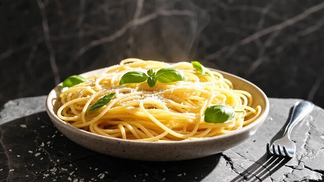 Plate of spaghetti topped with fresh basil and grated cheese, set on a dark textured surface with a fork beside it