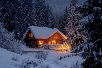 Winter cabin with warm lights