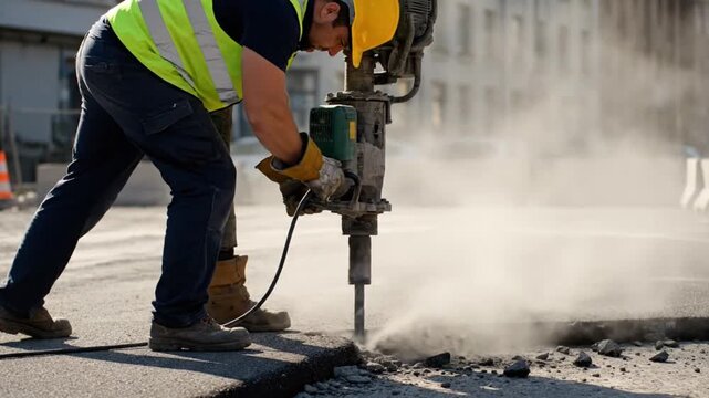 Professional industrial video of road repair worker using jackhammer to remove asphalt pavement daytime outdoor construction site urban street background realistic dust particles rising from ground pr