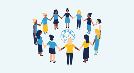 A vibrant Flat Design illustration showcasing a diverse group of women united in solidarity, symbolizing global empowerment and community. 