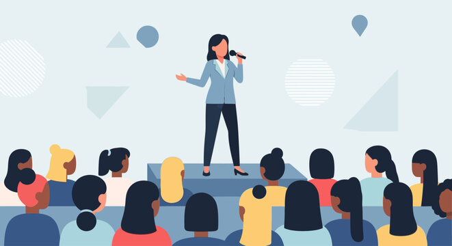 This Flat Design vector illustration depicts a confident woman giving a speech, symbolizing female leadership and the power of women's voices. It highlights empowerment and the importance of communica