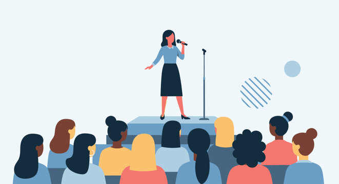 This Flat Design vector illustration depicts a confident woman giving a speech, symbolizing female leadership and the power of women's voices. It highlights empowerment and the importance of communica