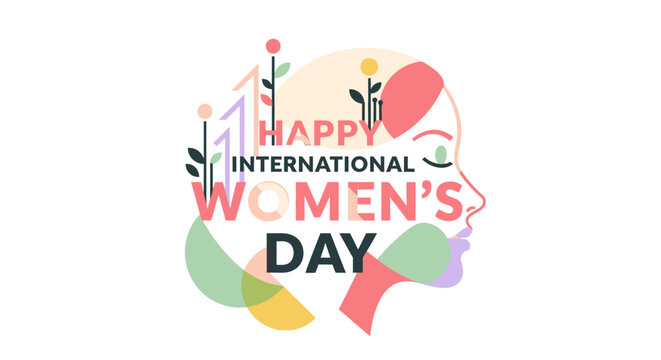 An empowering flat design vector illustration depicting a woman's profile face intertwined with "Happy International Women's Day" typography, accented by abstract growth elements. 