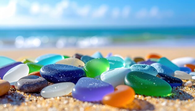 FlyPro Firefly presents a bright, professional camera shot of a beautiful assemblage of smooth, colourful sea glass fragments, creating a mosaic of ocean hues.