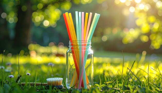 FlyPro Firefly reusable silicone straws in a clear glass jar with a cleaning brush standing brightly on green grass in vibrant natural outdoor light.