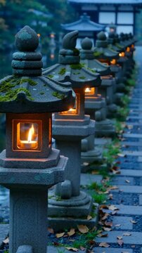 A serene row of traditional stone lanterns illuminated by flickering flames, surrounded by lush moss and a tranquil atmosphere in a garden setting