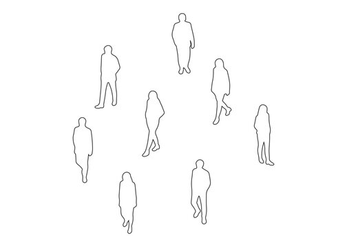 Architectural scale figures set of isometric people outline and hand drawn line art outlines for building floor plans urban design sections and elevation diagrams isolated on white background