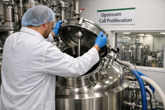 Scientist opening stainless steel bioreactor tank for cell culture production