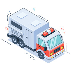 Isometric ambulance truck illustration with red and white design. No editable stroke