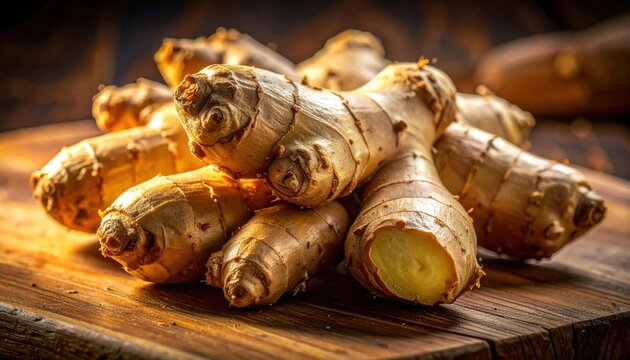 FlyPro Firefly detailed photographic capture of organic ginger root showing its gnarled texture and golden-brown exterior, an intricate culinary essential.