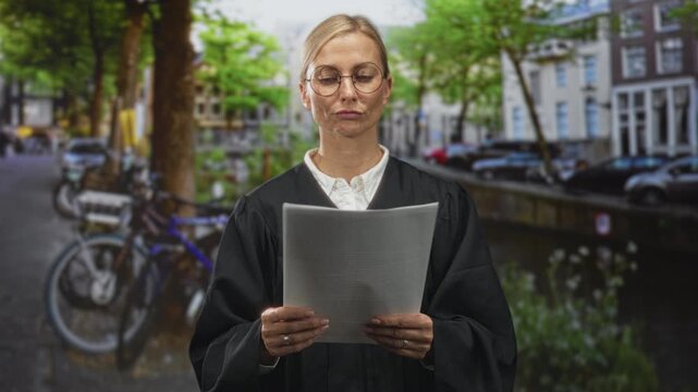 Woman judge reading document with visible hands beside a canal on an urban street; contemplation duty.
