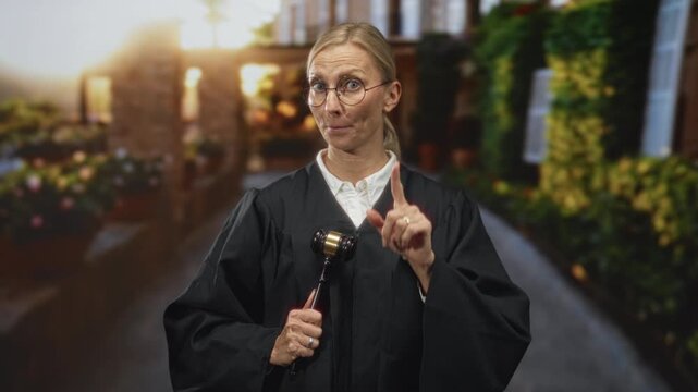 Woman judge holding a gavel and gesturing with hand before a building entrance lined with planters and columns, speaking in a formal pose; authority command.