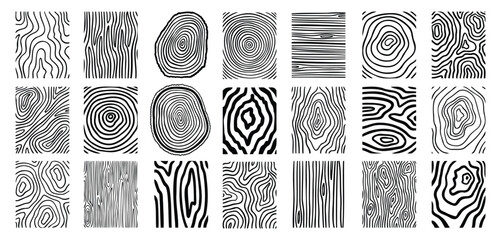 Wood lines texture material doodle hand drawn line set. Rings and circles tree trunk geometric curve, wave contour.  © Yanka