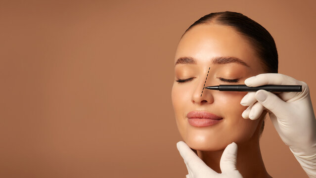 Doctor making marks on female nose, young woman posing on beige studio background with closed eyes during consultation. Rhinoplasty concept.