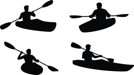 Kayak Canoe Paddler Silhouettes in Rowing Action Poses Isolated on White Background for Water Sport and Outdoor Adventure Concept © Mst Jotsna