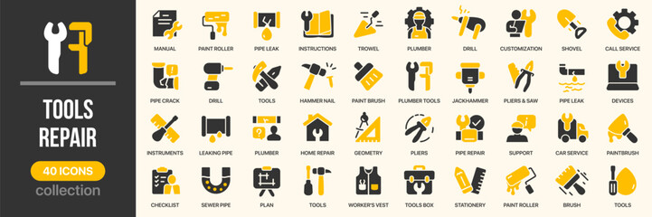 Tools and repair fill icon collection. Includes hammer, drill, plumber, wrench, paint roller, pipe leak and construction symbols. Created in colored style with yellow and dark palette