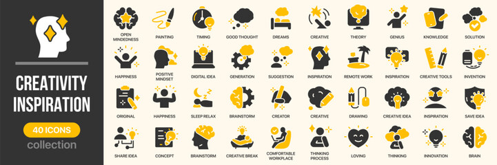 Plakat Creativity and inspiration fill icon collection. Includes idea, brain, innovation, drawing, mindset, imagination and creative process symbols. Created in colored style with yellow and dark palette